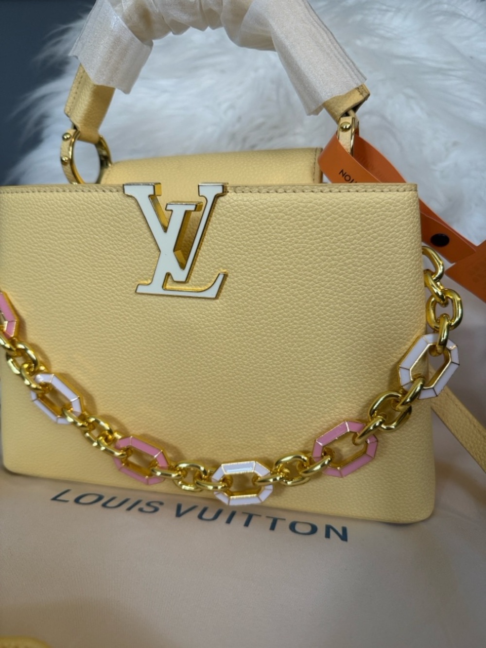 Bag yellow top Handle Satchel with Pink Chain Accents - Picture 2 of 14